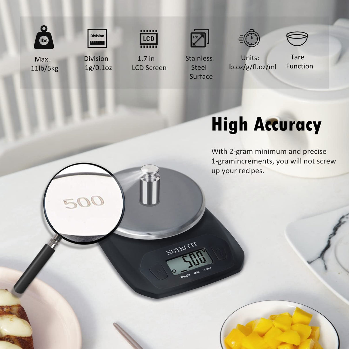 NUTRI FIT Digital Food Scale Small Kitchen Scales Weight in Grams and OZ for Cooking Baking Weight Loss, Stainless Steel Tare & Backlit LCD Display, Black NUTRI FIT