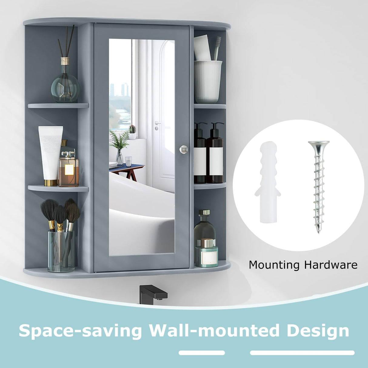 COSTWAY Wall Mounted Bathroom Cabinet - Storage Organizer with Mirror Door, Adjustable Shelves & 6 Open Racks, Space-Saving Hanging Medicine Cabinet for Living Room Kitchen Entryway (Gray) COSTWAY