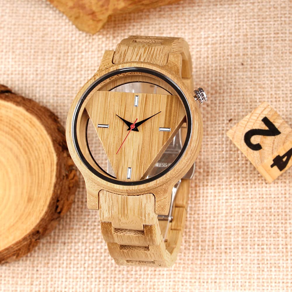 Triangle Wood Watch for Men Creative Hollow Dial Full Wooden Quartz Watch Vintage Natural Mens Unique Inverted Geometric Wood Wrist Watch Tiong