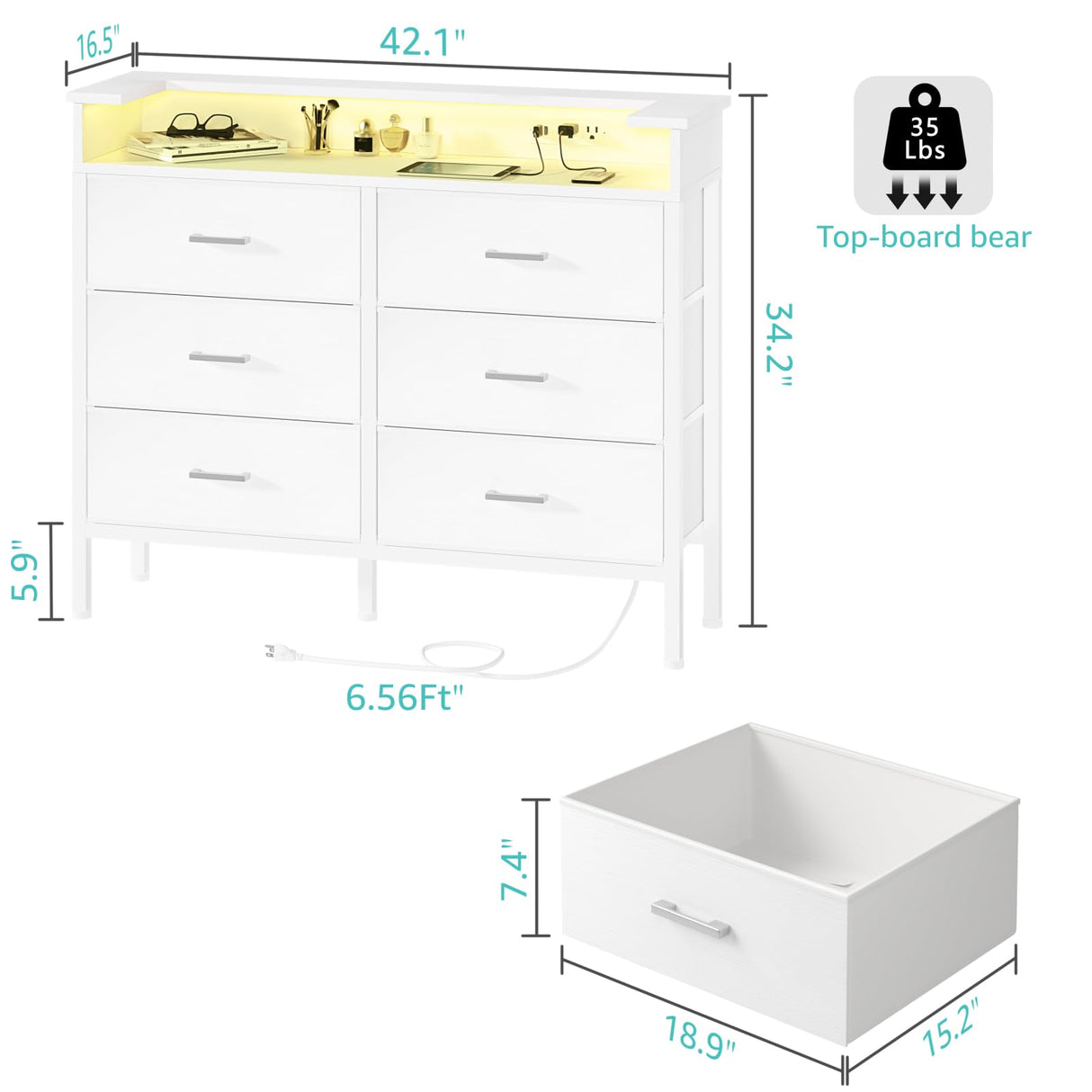 BOLUO White Dresser with LED Light and Charging Station for Bedroom 6 Drawer Dresser with USB Outlet, Dressers & Chests of Drawers Fabric Dresser for Closet Modern BOLUO