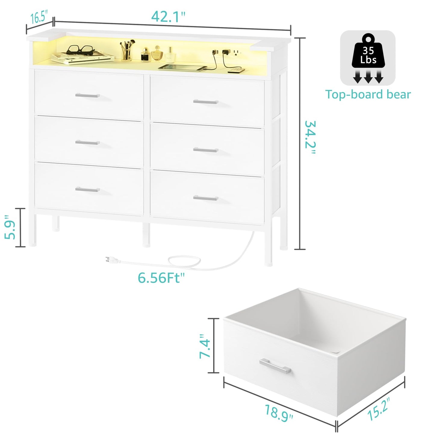 BOLUO White Dresser with LED Light and Charging Station for Bedroom 6 Drawer Dresser with USB Outlet, Dressers & Chests of Drawers Fabric Dresser for Closet Modern - WoodArtSupply