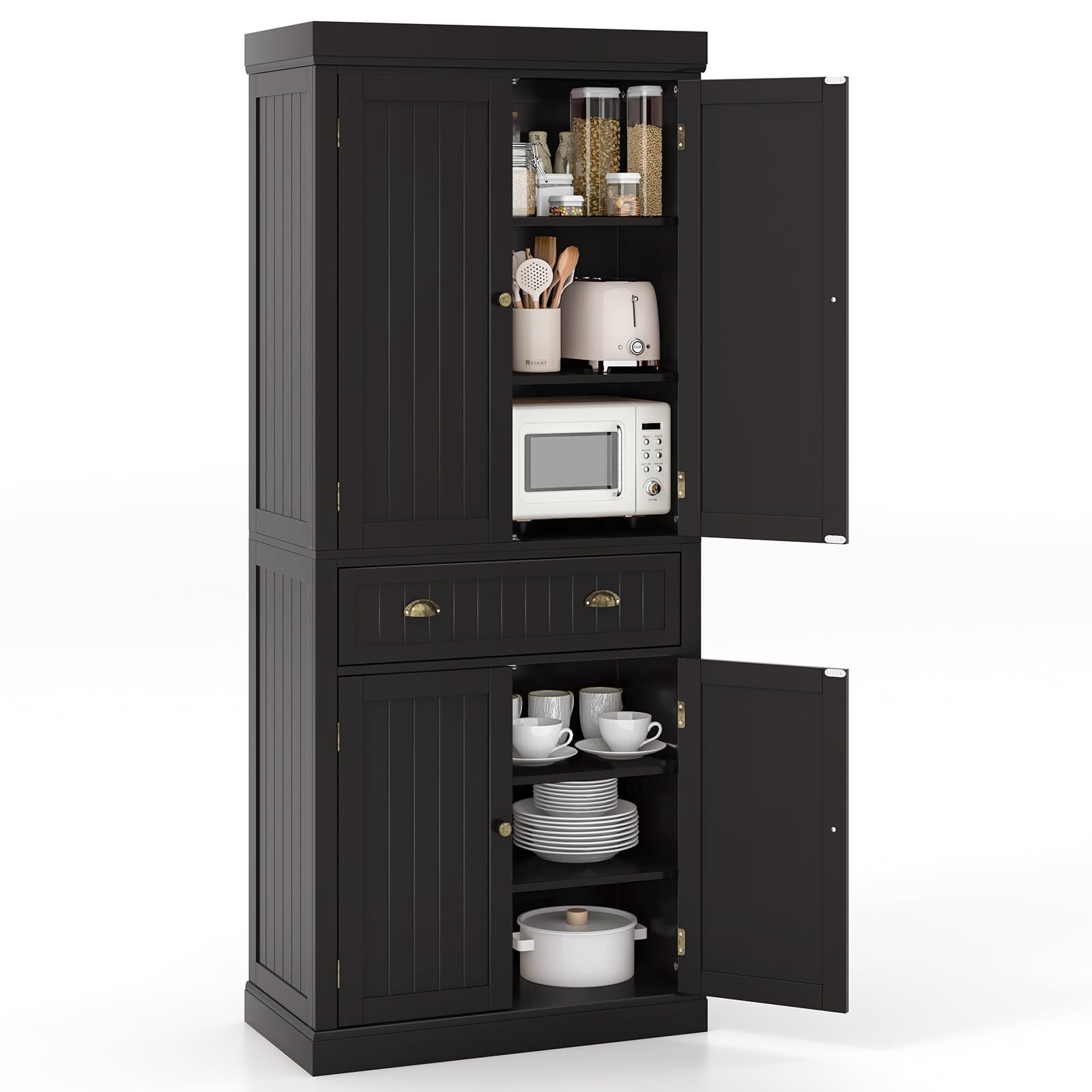 Tangkula 72" H Kitchen Pantry Cupboard Cabinet, Traditional Freestanding Large Tall Storage Cabinet with 2 Cabinets and Drawer, Adjustable Shelves, for Living Room Kitchen, 30 x 16 x 72 Inch - WoodArtSupply