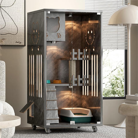 Wooden Cat House Large Space Cat Cage with Scratching Post, Wooden Indoor/Outdoor Cat Enclosure with Wheels, Multi-Feature Enclosed Cat Houses for Indoor Cats Ventilation Glass Doors,50" X 24" X 24" HUATOL