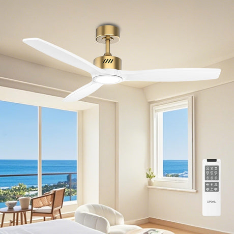OPONL White Wood Ceiling Fan with Light 52inch, Low Profile, Remote Control, Downrod Mount, Noiseless, Reversible, 6CCT, Dimmable, 6 speeds, Timeable, Ceiling Fans with Lights for Living Room OPONL