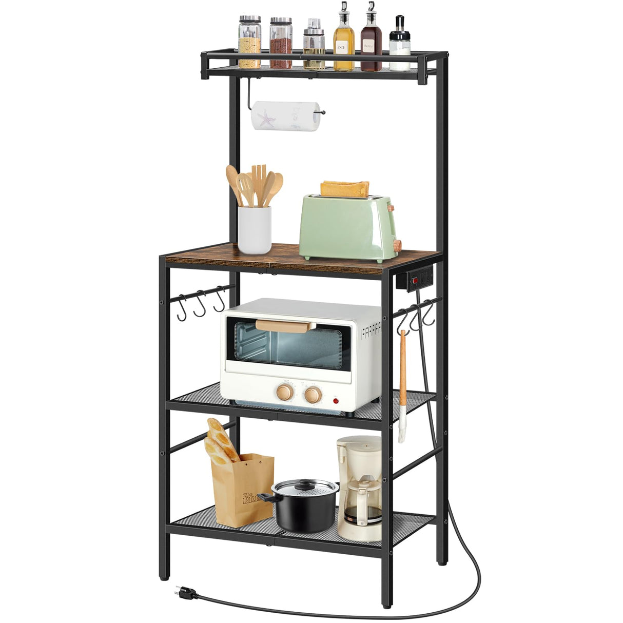 MAHANCRIS Bakers Rack with Power Outlet, Kitchen Storage Shelf with Paper Holder, Microwave Stand, Coffee Bar with 6 Hooks, Socket with Switch, for Kitchen, Dining Room, Rustic Brown BRHR36E01 MAHANCRIS
