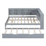 Merax Full Size Day Bed with Twin Trundle, Wooden DayBed with Storage Shelf and USB Charging Ports, Full Corner Bed Frame,Grey Merax