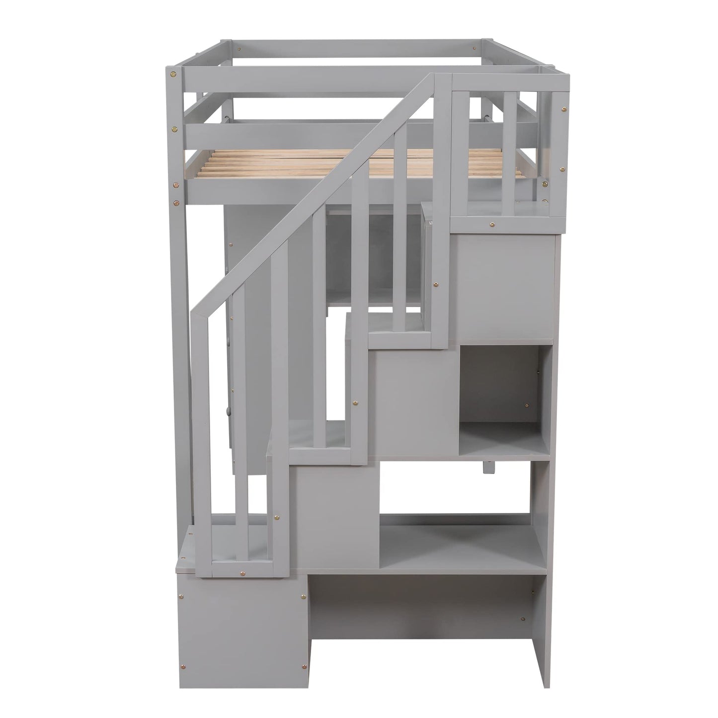 Bellemave Modern Twin Loft Bed with Stairs, Storage Drawers, and Shelves in Grey - WoodArtSupply