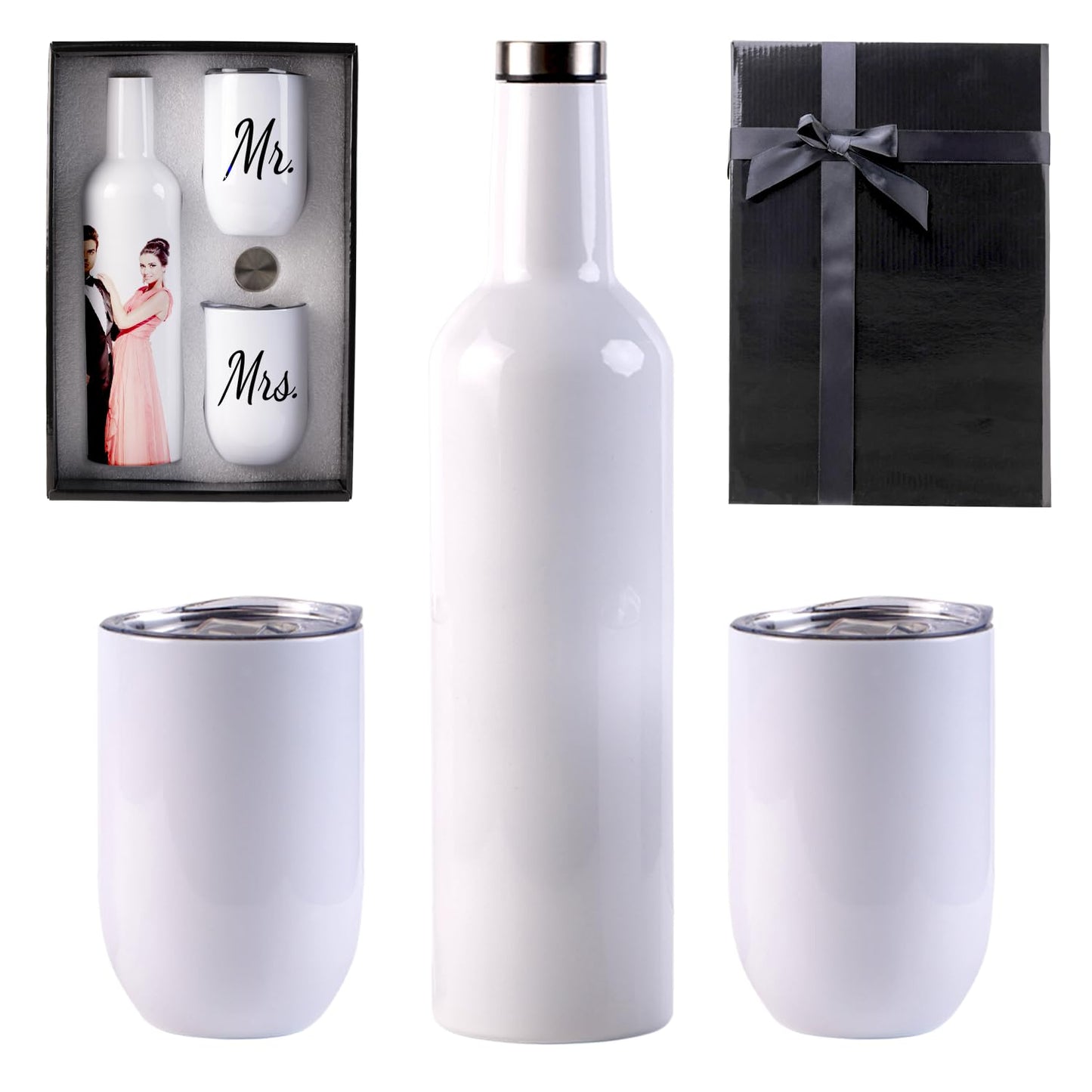 SDN CUSTOM Double Wall Insulated Sublimation Stainless Steel Wine Bottle 750 ml Gift Box Set with 2 Tumblers 12oz, Premium Coating for Vibrant Printing Results