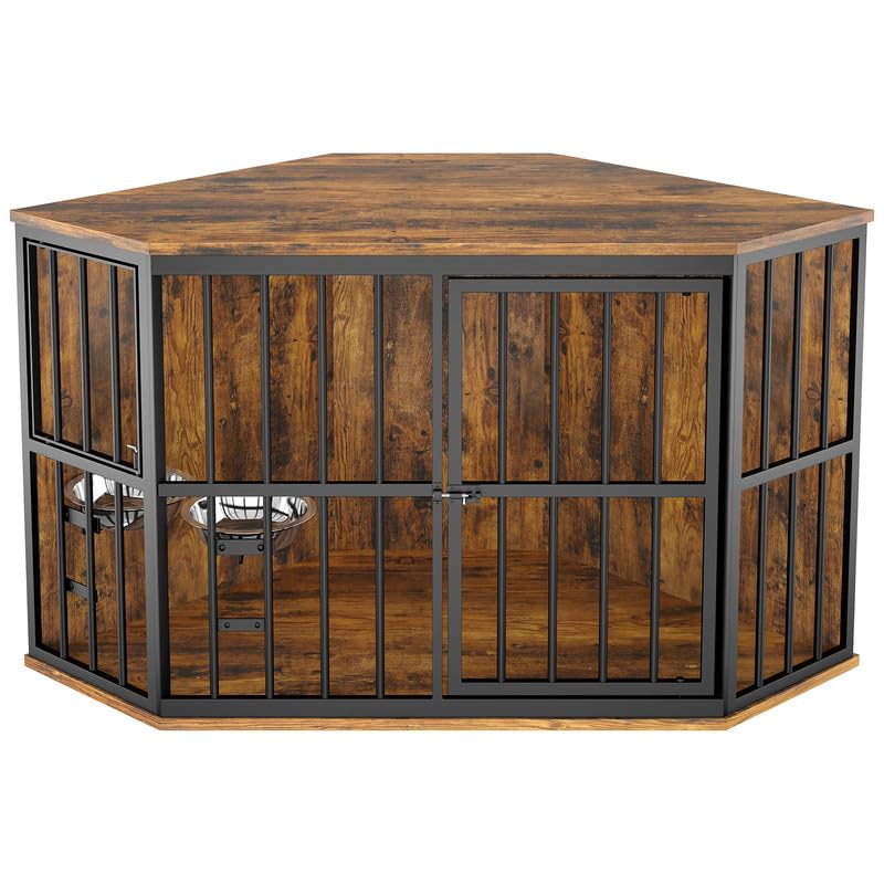 ROOMTEC 53 inch Furniture Dog Crate Corner, Dog Kennel Corner Wooden End Table with Bowl, Indoor Pet Crates Corner Side Table for Dogs, Wide Top Perfect for Limited Room ROOMTEC