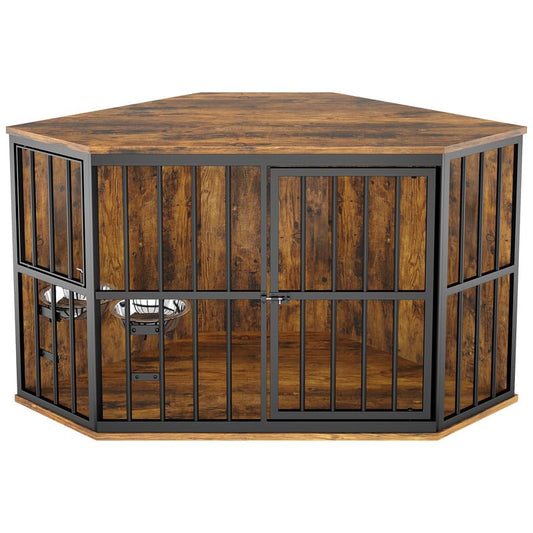 ROOMTEC 53 inch Furniture Dog Crate Corner, Dog Kennel Corner Wooden End Table with Bowl, Indoor Pet Crates Corner Side Table for Dogs, Wide Top Perfect for Limited Room - WoodArtSupply