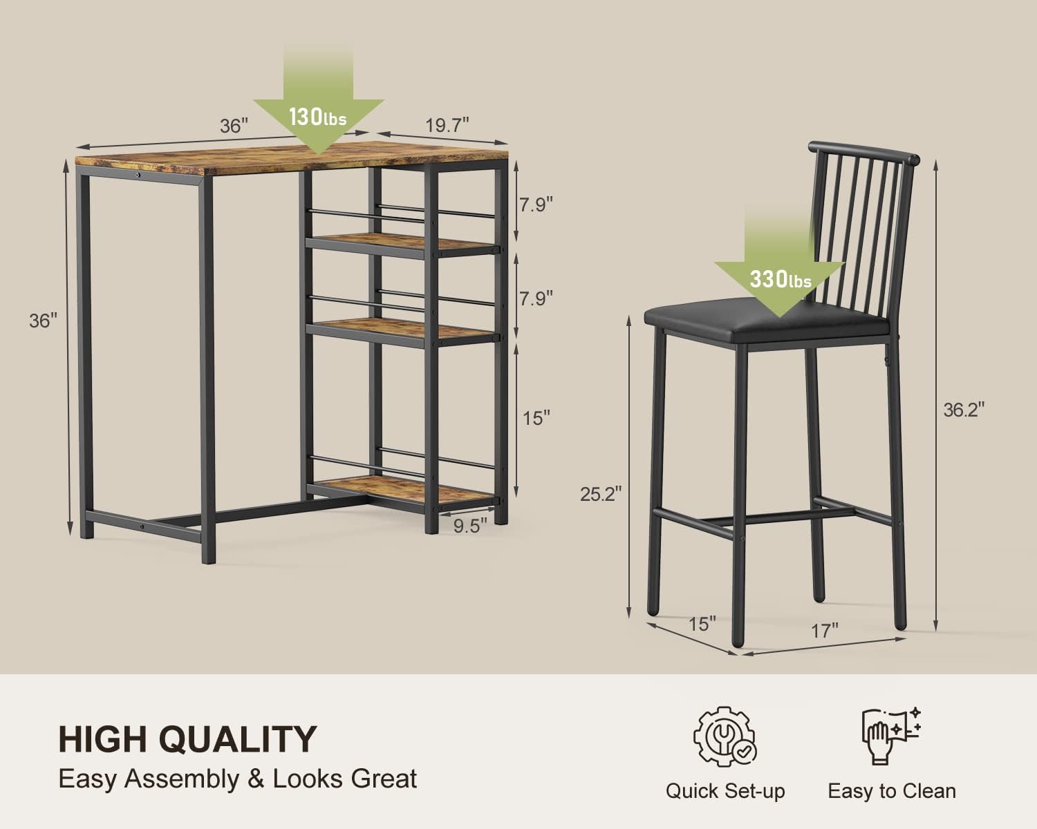 Gizoon Retro Dining Table Set for 2 with 3 Storage Shelves and PU Cushion Chairs - WoodArtSupply