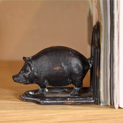 Retrome Pig Bookends, Set of 2 Farmhouse Book Ends, Distressed Gray