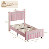 HOMBCK Twin Bed Frames for Girls, Pink Twin Bed Frame with Velvet Upholstered Vertical Channel Diamond Headboard, Princes Bed Frame, Adjustable Headboard, Wooden Slats Support, Easy Assembly, Pink HOMBCK