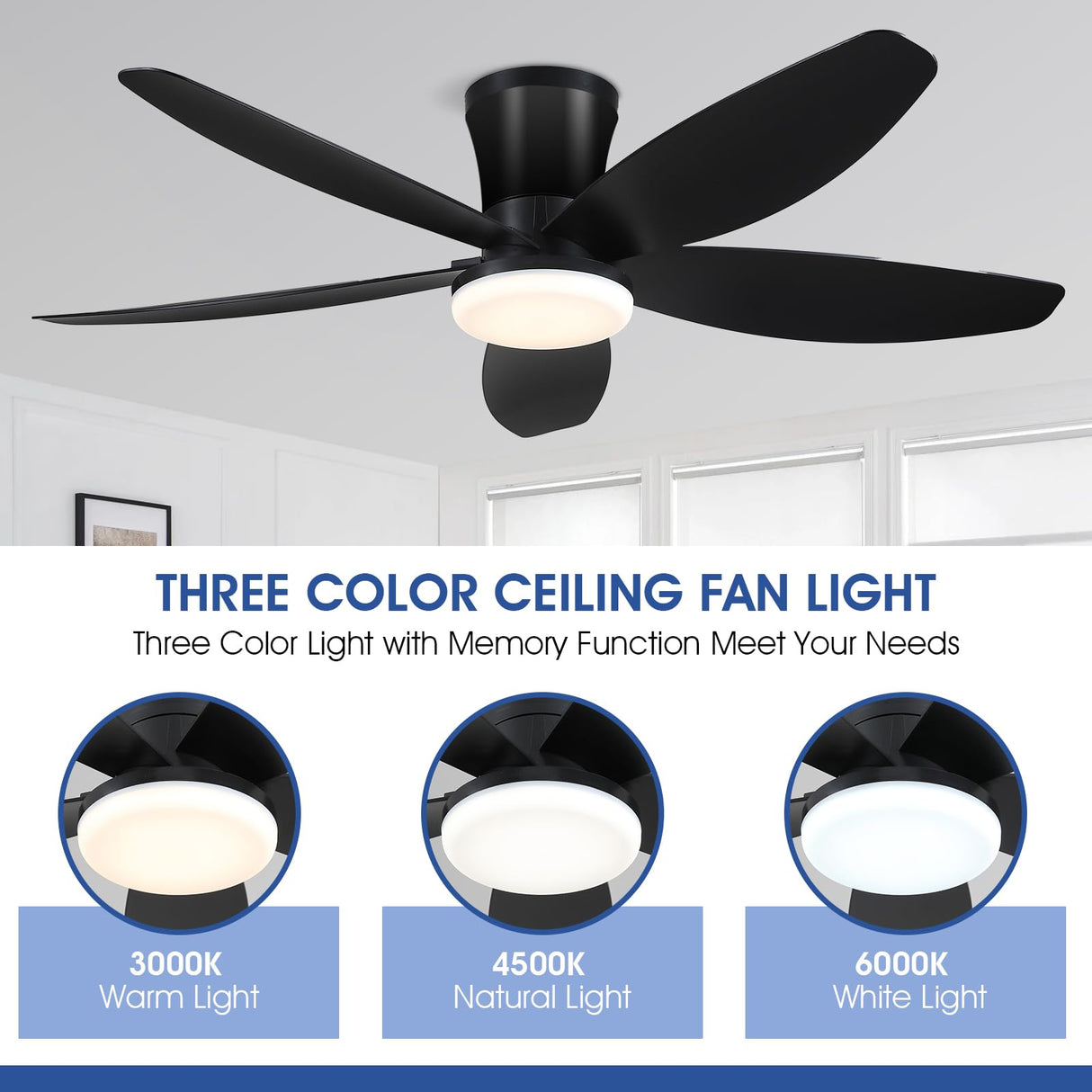 Surtime 42" Ceiling Fans with Lights-Low Profile Ceiling Fan with Light and Remote/APP Control,Flush Mount,DC Reversible,LED Dimmable Black Ceiling Fans for Bedroom,Indoor/Outdoor Patio Use Surtime