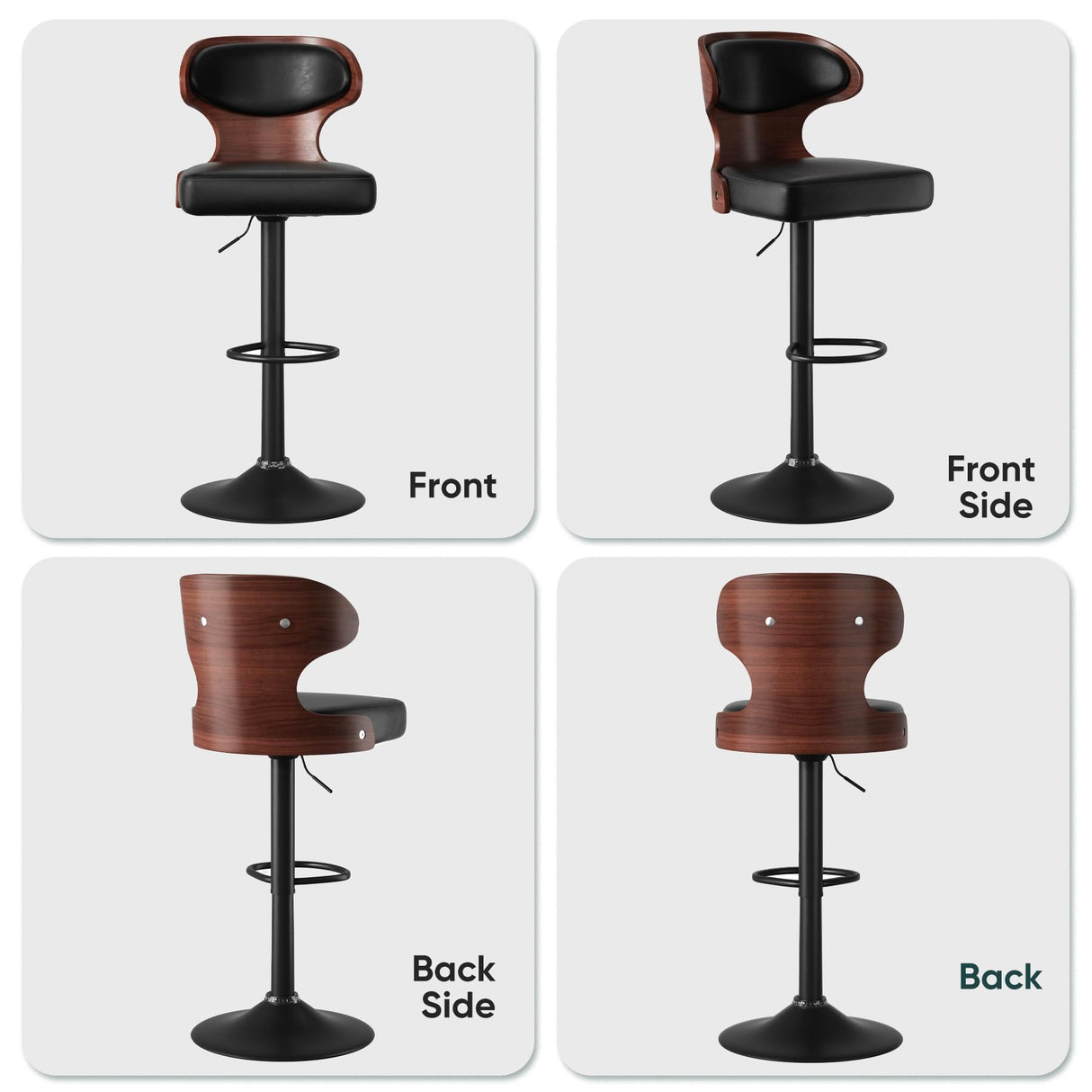 Nalupatio Bar Stools Set of 2 Seat Adjustable Height 24.5-33.5IN - Bentwood Swivel Barstools with Back & Footrest - PU Leather Upholstered Bar Chair for Bar, Kitchen, Dining Room Nalupatio