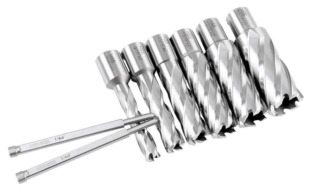 Accusize Industrial Tools Hss Annular Cutter Set, 2'' Cutting Depth, 7/16'' to 1-1/16'' Slugger Cutter, 8 Pcs/Set, HSS2-0000 Accusize Industrial Tools