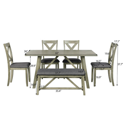 Harper & Bright Designs 6Pcs Dining Table Set with 4 Upholstered Chairs and Bench, Solid Wood Dining Set for Kichen, Dining Room, Rustic Gray+Gray Cushion