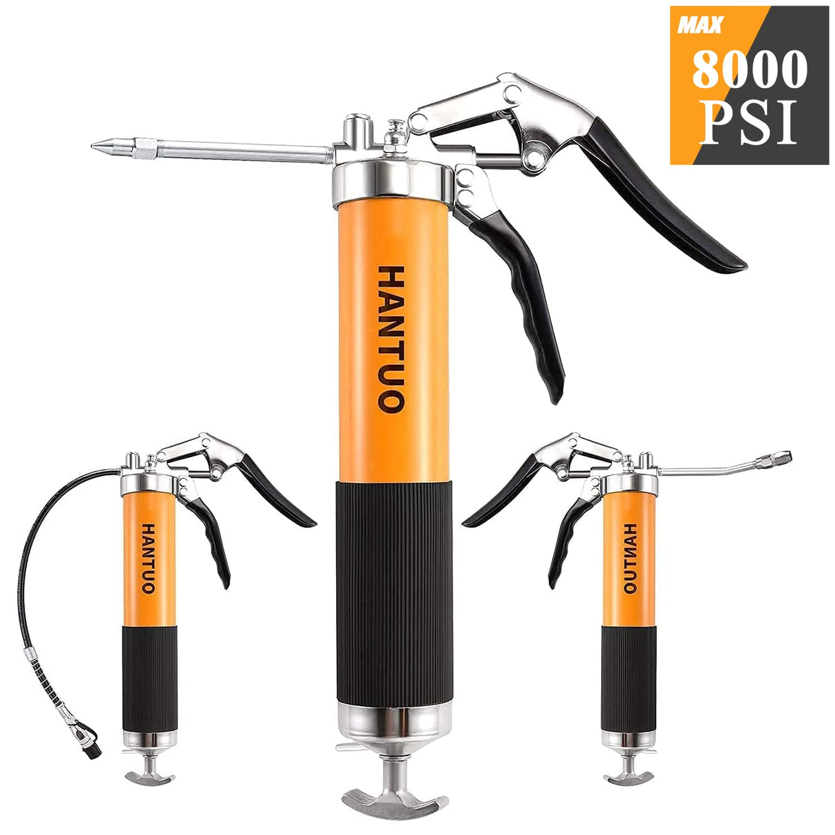 HANTUO Grease Gun, 8000 PSI Heavy Duty Pistol Grip Grease Gun Kit with 14 oz Load, 18 Inch Spring Flex Hose, 2 Grease Couplers, 2 Extension Rigid Pipes and 1 Sharp Type Nozzle, Suit for Zerk Fittings HANTUO
