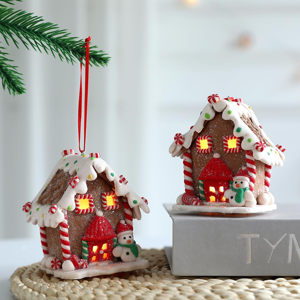 UAEYW 3Pcs Gingerbread House Ornaments for Christmas Tree Decorations Battery Operated Lighted LED Clay Hanging Candy House Ornament with Rope for Xmas Holiday Party New Year Home Decor