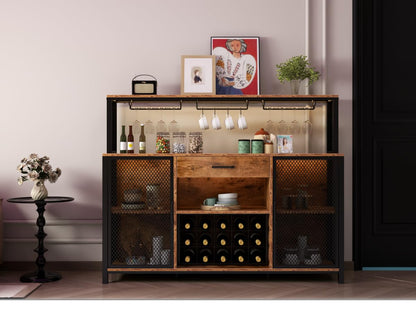 Gyfimoie Wine Bar Cabinet with Drawer and LED Lights, 55 Inches Industry Coffee Bar Cabinet with Wine Rack and Glass Goblet Holder, Kitchen Sideboard Buffet Cabinet for Liquor and Goblet - WoodArtSupply