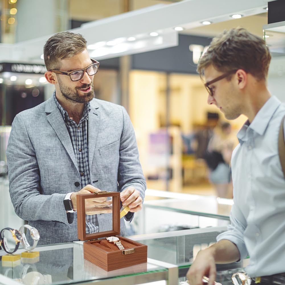 AHANDMAKER Single Watch Display Stand with Clear Glass Window Wood Watch Gift Box Watch Holder Jewelry Collection Jewelry Holder, Coconut Brown AHANDMAKER