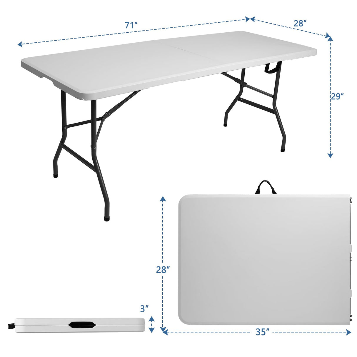 USEFULTEK Plastic Folding Table 6ft for Camping, Party, Dining, Barbecue, Picnic with Carrying Handle, Locks - White USEFULTEK