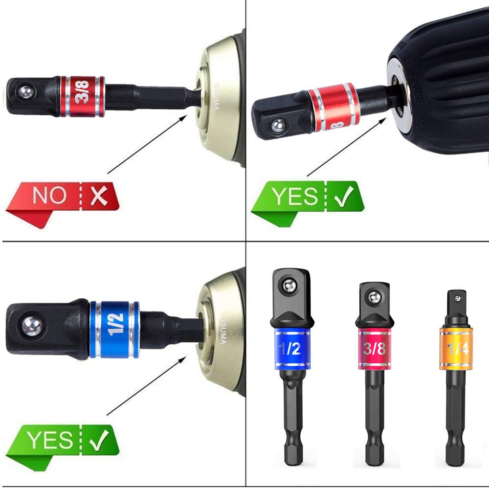 CIGOTU Impact Grade Power Hand Tools Driver Sockets Adapter Extension Set, 3Pcs 1/4 3/8 1/2" Hex Shank Drill Nut Driver Bit Set + 105 Degree Right Angle Driver Extension Screwdriver Drill Attachment CIGOTU