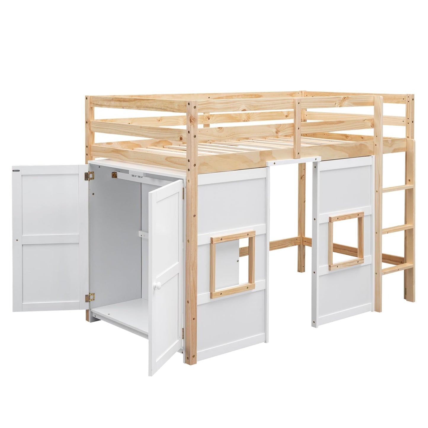 Harper & Bright Designs Twin Size Loft Bed with Storage Wardrobe, Playhouse Design, Guardrail & Ladder in Natural & White - WoodArtSupply