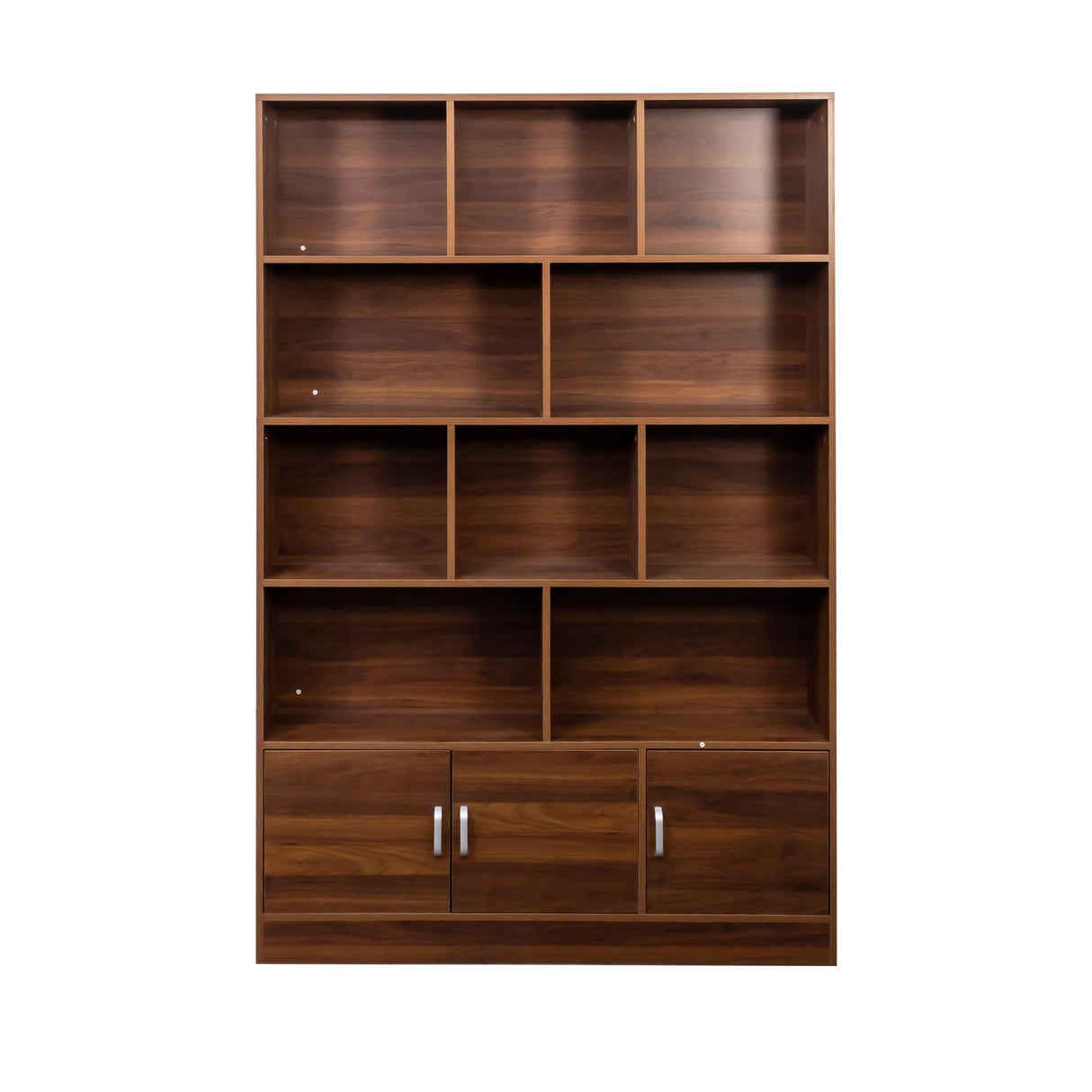 KEIKI 71" Tall Wooden Bookcase, Mid Century Modern Bookshelf with 5-Tier Storage, 3 Doors Open Style Display Shelf W/10 Cubes, Book Shelves Cabinet for Home Office Living Room, Brown KEIKI