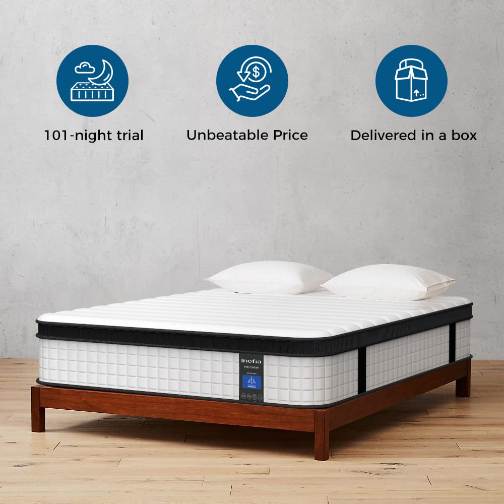 Inofia Queen Mattress, 12 Inch Hybrid Innerspring Double Mattress Cool Bed with Breathable Soft Knitted Fabric Cover, 101 Nights Trial