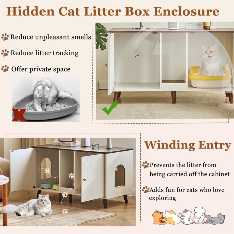 JanflyHome Litter Box Enclosure for 2 Cats, Double Hidden Litter Box Cabinet Furniture with Scratching Pad, Indoor Wood End Table Side Table Cat Washroom, White JanflyHome