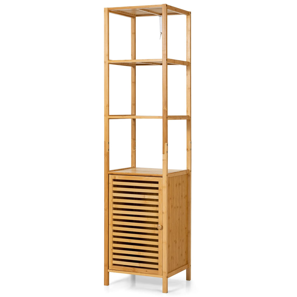 Tangkula Bathroom Cabinet, 65 Inch Tall Slim Bathroom Storage Cabinet with Shutter Door and 3 Open Shelves, Narrow Multifunctional Freestanding Linen Tower Cabinet, Natural Bamboo, 15.5x14.5x65 Inch Tangkula