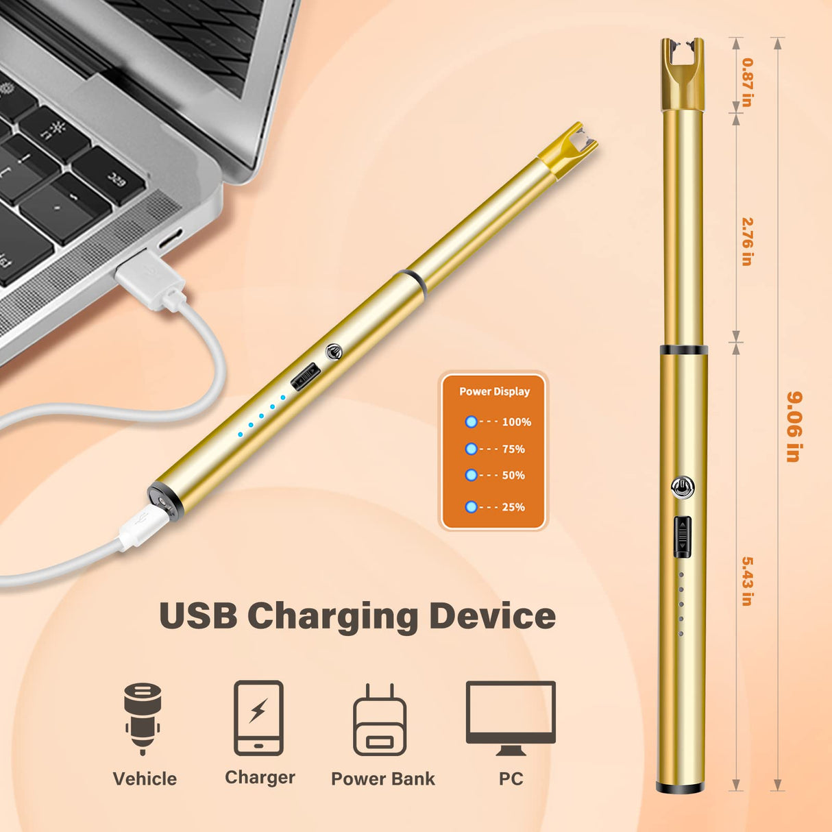 Navpeak Candle Lighter Long Neck Windproof Electric Rechargeable Arc Lighter for Light Candles Gas Stove Fireplace BBQ Kitchen Grills(Gold) Navpeak