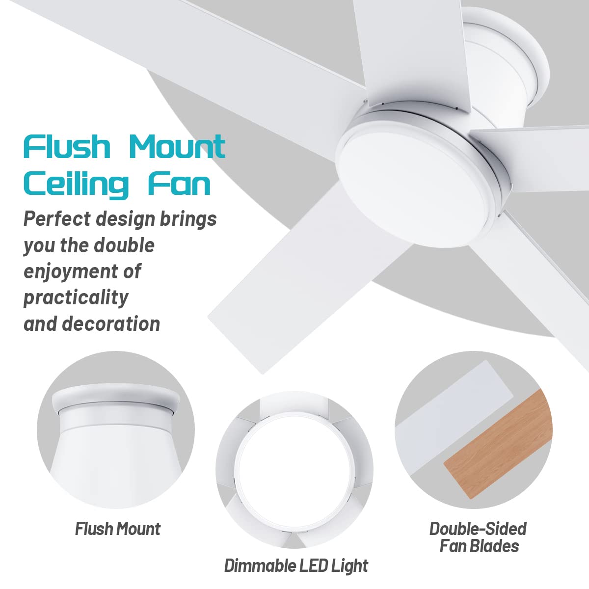 wurzee 52" Ceiling Fan with Light, White,6 Speeds DC Reversible Motor,Timing, Dimmable for Bedroom, Kitchen, Patios wurzee