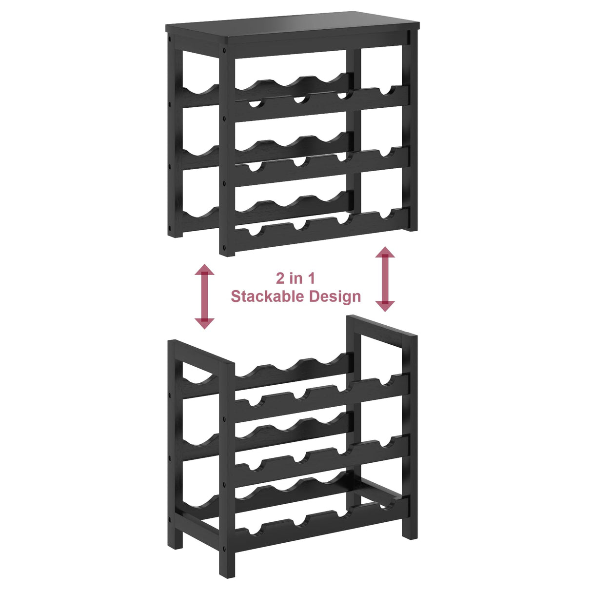 MOGELAFOO 6 Tier Bamboo Wine Rack Freestanding Floor, 24 Bottles Wine Storage Shelves with Table Top, Stackable Wine Display Rack for Kitchen, Bar, Dining Room, Black MOGELAFOO
