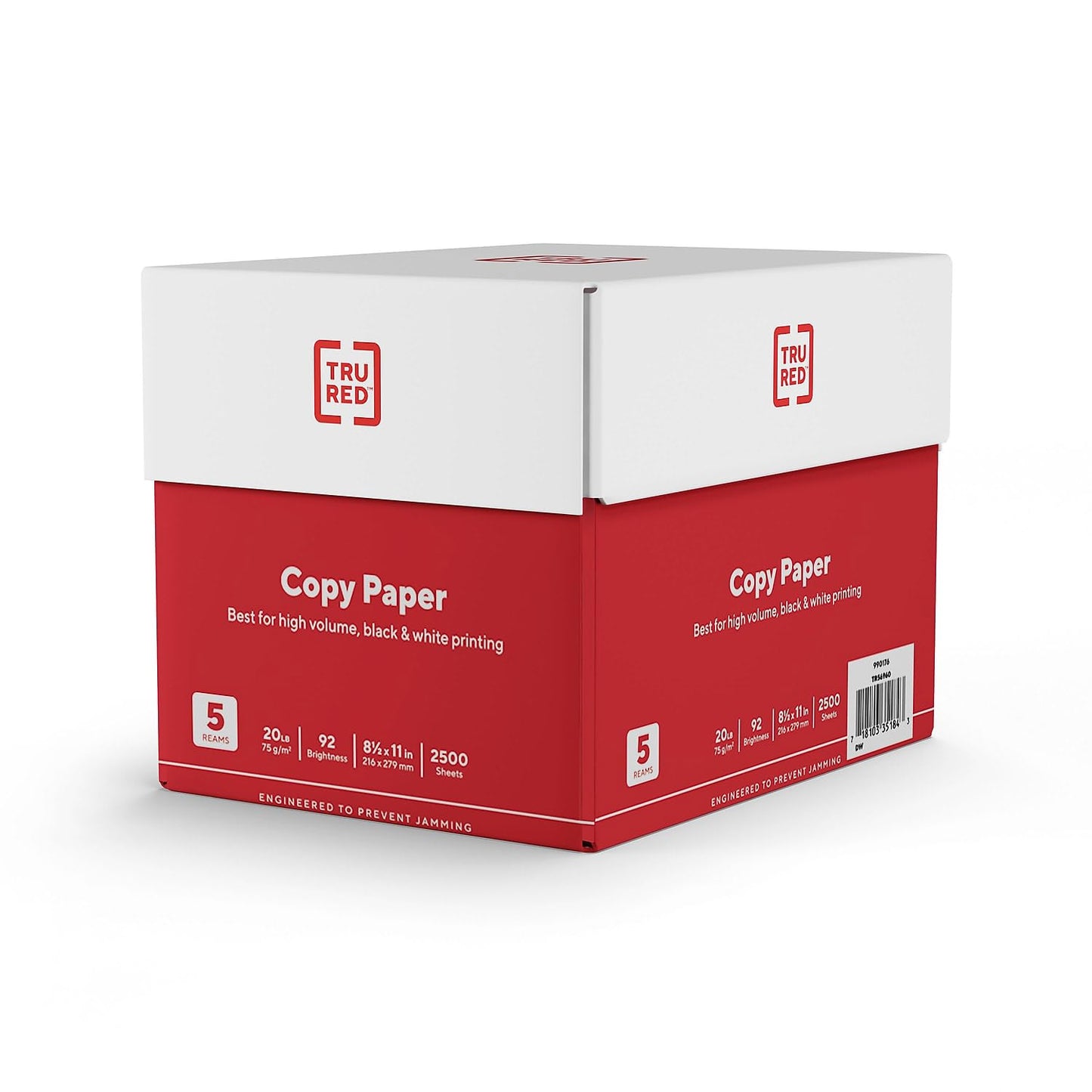 TRU RED Copy Paper, 8.5" x 11" Sheet Size, 92 Brightness, 20 lbs., Smooth Finish White Paper (500 Sheets/Ream, 5 Reams/Carton)