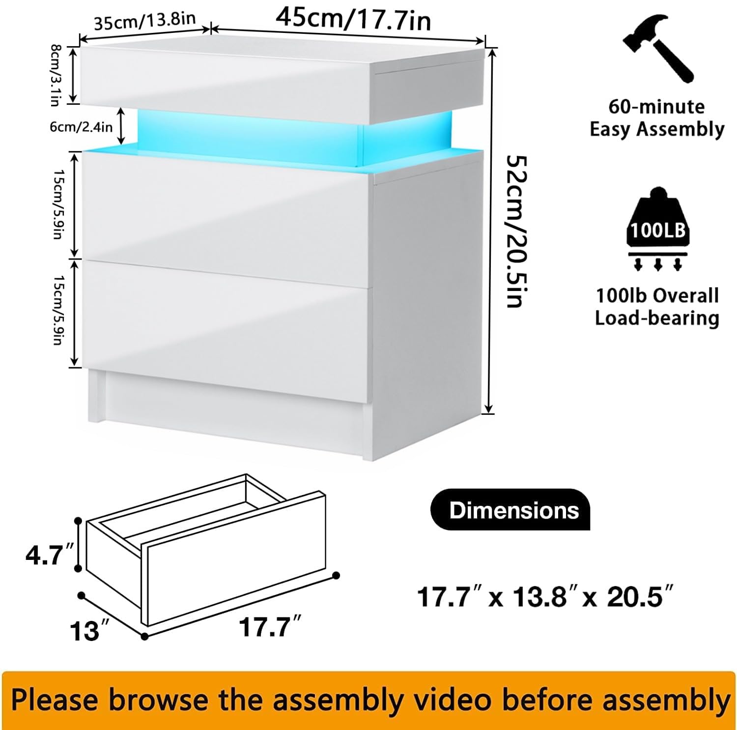 HOMMPA LED Nightstand White Nightstand with Led Lights Modern Night Stand with 2 High Gloss Drawers Led Bedside Table Smart Nightstand for Bedroom 20.5” Tall - WoodArtSupply