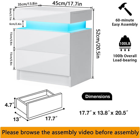 HOMMPA LED Nightstand White Nightstand with Led Lights Modern Night Stand with 2 High Gloss Drawers Led Bedside Table Smart Nightstand for Bedroom 20.5” Tall HOMMPA