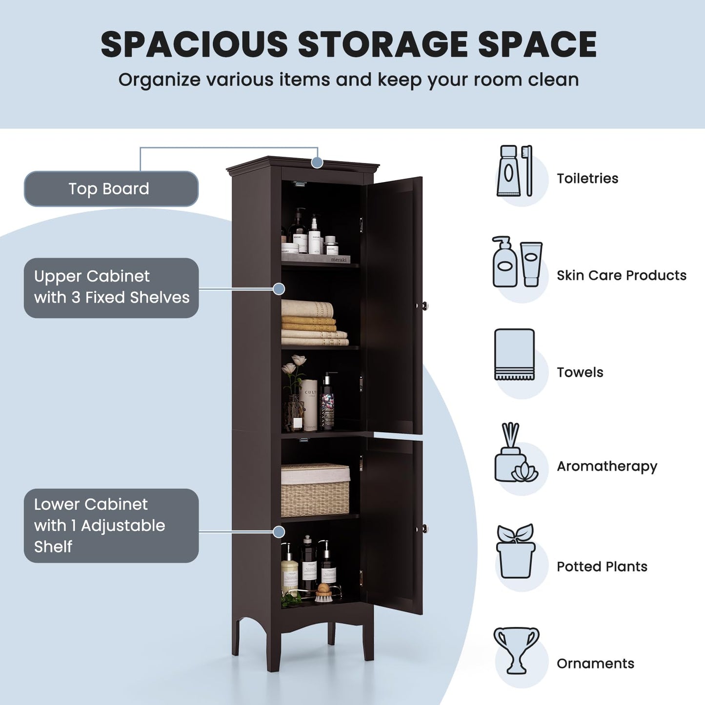 Tangkula 63" Freestanding Slim Bathroom Storage Cabinet with Adjustable Shelf and Elegant Louvered Doors - WoodArtSupply