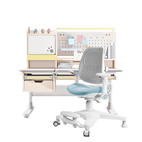 FCD Kids Desk and Chair, Wood Ergonomic Adjustable Multi Function Study Desk and Chair Set, Drafting Table and Computer Station with Tilt Desktop, Tablet Holder, Storage Cabinet and Drawers FCD