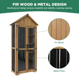 Ketive Outdoor Storage Cabinet – Weatherproof Wood & Metal Storage Shed with Adjustable Shelf, Lockable Doors, and Stability Features for Garden, Patio, and Backyard, 27 1/2”x 13”x 67” (Brown+Black) ketive