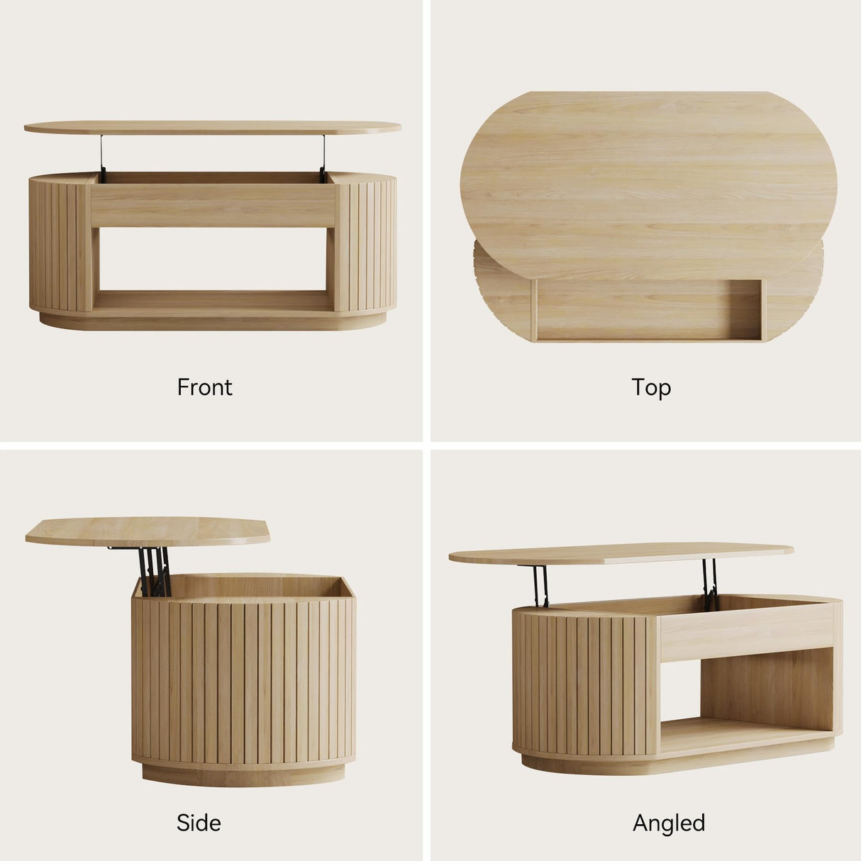 47-Inch Oval Lift Top Coffee Table with Storage Shelf for Living Room, Large Wooden Fluted Modern Center Table with 2 Tier Shelf, Modern Tea Tables with Hidden Compartment for Bedroom, Light Oak Epecoya