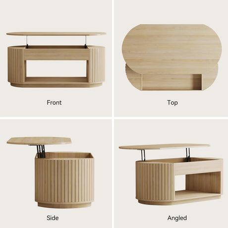 47-Inch Oval Lift Top Coffee Table with Storage Shelf for Living Room, Large Wooden Fluted Modern Center Table with 2 Tier Shelf, Modern Tea Tables with Hidden Compartment for Bedroom, Light Oak Epecoya
