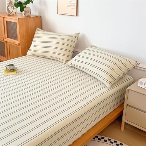 VM VOUGEMARKET Striped Fitted Sheet Queen 1 Piece,Washed Cotton Beige Single Bottom Sheet with 15" Deep Pocket,Comfortable and Breathable Mattress Cover,60" x 80" VM VOUGEMARKET