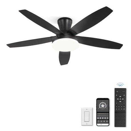 ZMISHIBO 48 inch Ceiling Fans with Lights and Remote/APP Control,Black Low Profile Ceiling Fan with Light,Quiet DC Motor,LED Dimmable, Modern Flush Mount Ceiling Fan for Bedroom Indoor/Outdoor Patio ZMISHIBO