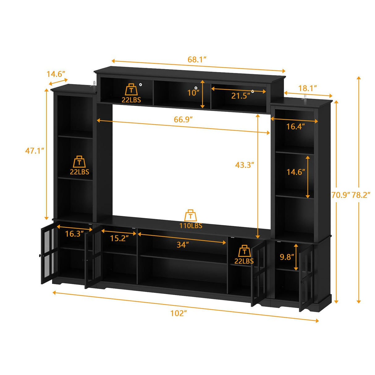 ROMSHINE Wall Unit Entertainment Center, TV Wall Units for Living Room with Storage, 102" W Large Farmhouse TV Stand with Glass Doors, Ajustable Bookshelf & Bridge for Bedroom, Black ROMSHINE