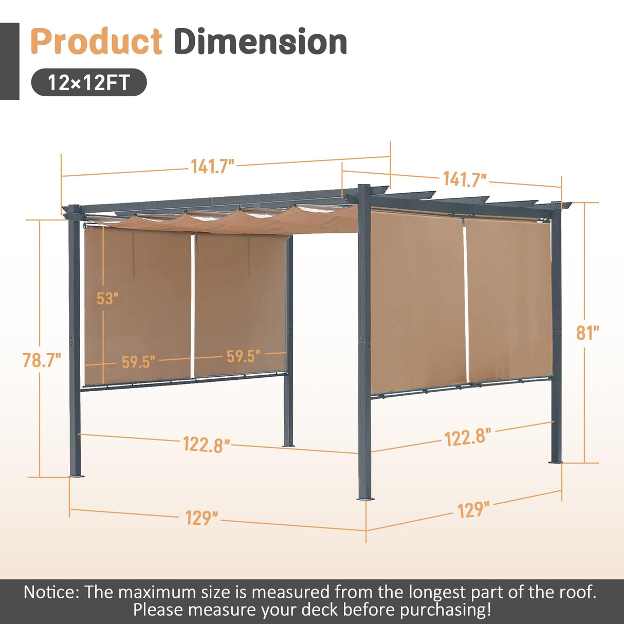 Masyardi 12 x 12 Ft Outdoor Aluminum Pergola, Retractable Canopy & 2 Sides Shades for Patio Backyard Garden Deck Masyardi