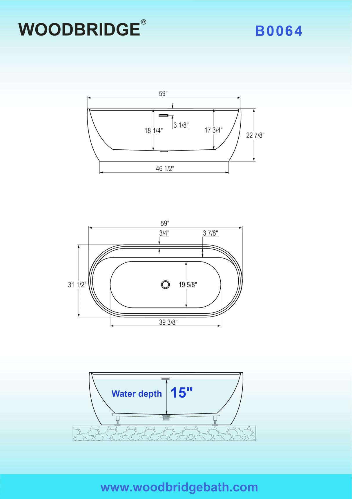 WOODBRIDGE 59" Acrylic Freestanding Bathtub Contemporary Soaking White Tub with Chrome Overflow and Drain,B0064-C WOODBRIDGE