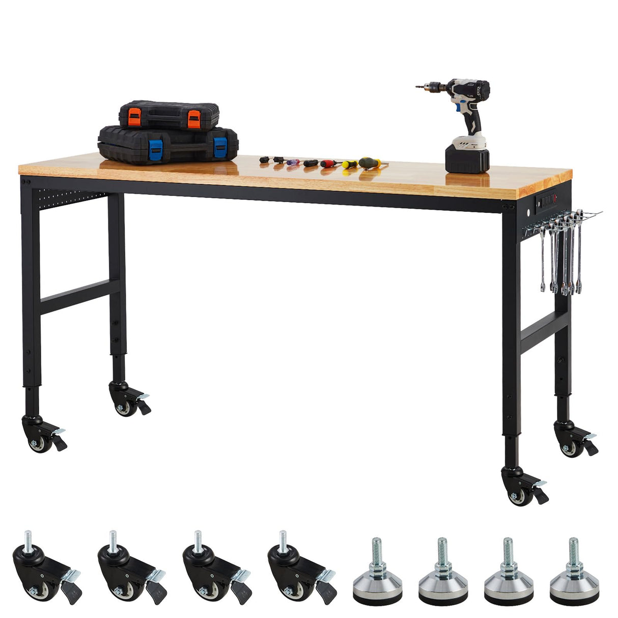 GarveeTech Adjustable Workbench 60' x 22', 2000 Lbs Load Capacity, 29.5"-38.4" Heights Garage Worktable with Universal Wheels & Power Outlet, Heavy-Duty Table for Workshop Office Home Commercial GarveeTech