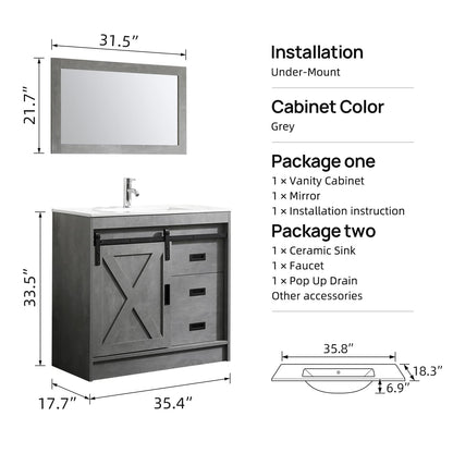 wonline 36” Grey Bathroom Vanity with Sink, Modern Wood Cabinet Basin Vessel Sink Set with Mirror, Chrome Faucet, P-Trap 36 Inch